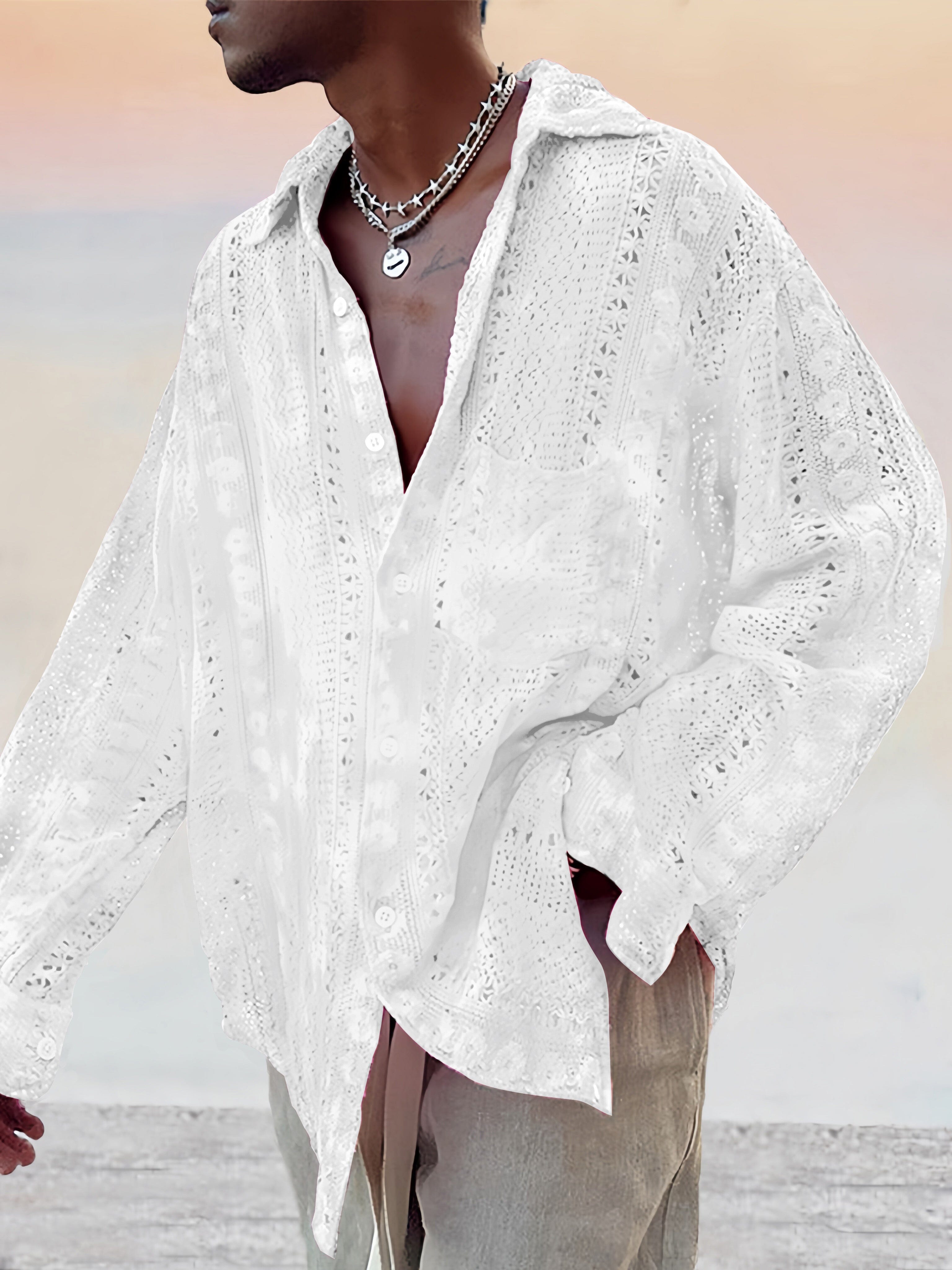 Stylish Pure Cotton Hollow Lace Shirt